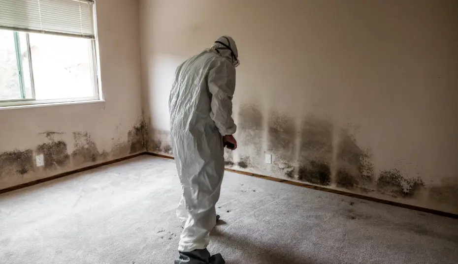 Mold growing on wooden rafters in an Orange County attic due to poor ventilation