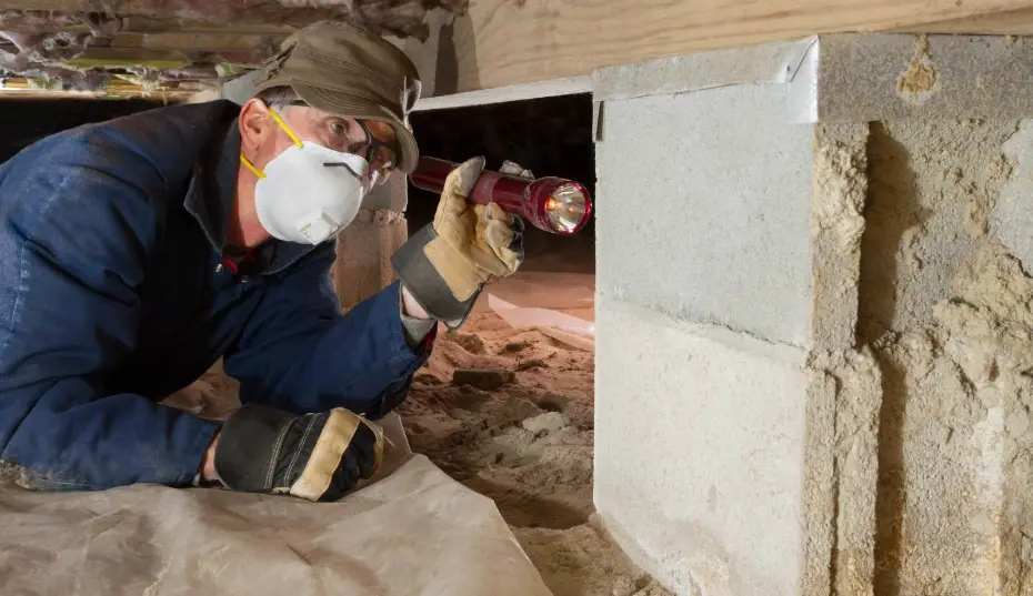 Mold growing behind fiberglass insulation at the rim joist where moisture is trapped inside a Virginia Beach, VA crawlspace.
